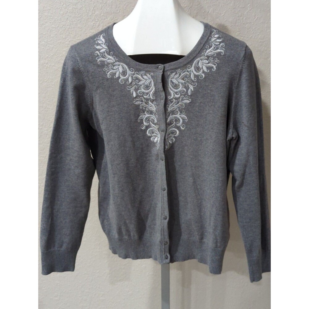 Croft & Barrow Womens Gray & Floral Embroidery Button Front Sweater Cardigan XL